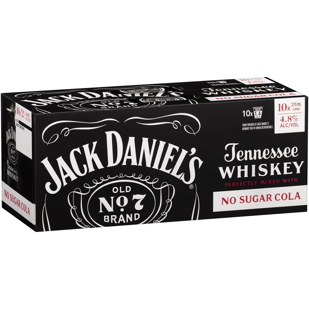 Jack Daniel's Tennessee Whiskey & No Sugar Cola 10 Pack Cans 375ml