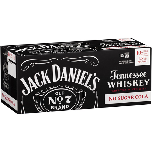 Jack Daniel's Tennessee Whiskey & No Sugar Cola 10 Pack Cans 375ml